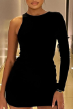 Black Sexy Solid Patchwork O Neck Pencil Skirt Dresses
