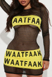 Black Sexy Street Print Hollowed Out Patchwork O Neck Pencil Skirt Dresses