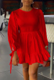 Red Casual Solid Patchwork Frenulum Fold O Neck A Line Dresses