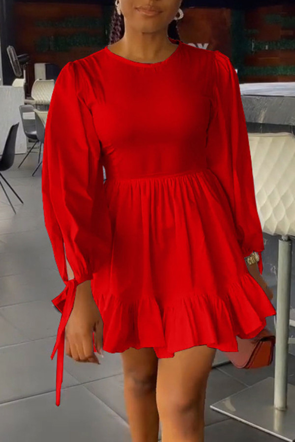 Red Casual Solid Patchwork Frenulum Fold O Neck A Line Dresses
