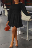 Red Casual Solid Patchwork Frenulum Fold O Neck A Line Dresses