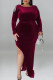 Deep Red Sexy Solid Patchwork Metal Accessories Decoration Slit O Neck Long Sleeve Plus Size Dresses