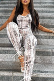 White Sexy Print Patchwork Halter Skinny Jumpsuits