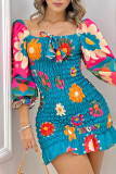 Blue Casual Print Patchwork Off the Shoulder Long Sleeve Dresses