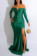 Green Sexy Formal Solid Backless Slit Off the Shoulder Evening Dress Dresses