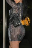 Black Sexy Print See-through Half A Turtleneck Pencil Skirt Dresses