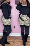 Black Casual Leopard Patchwork Hooded Collar Long Sleeve Two Pieces