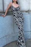 Black Sexy Print Patchwork Halter Trumpet Mermaid Dresses