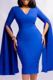 Blue Casual Solid Patchwork Slit V Neck Long Sleeve Dresses