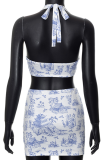 Blue Sexy Print Patchwork Halter Sleeveless Two Pieces