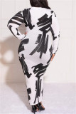 Multicolor Casual Print Patchwork Half A Turtleneck Long Sleeve Plus Size Dresses