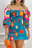 Blue Casual Print Patchwork Off the Shoulder Long Sleeve Dresses