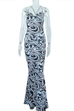 Black Sexy Print Patchwork Halter Trumpet Mermaid Dresses