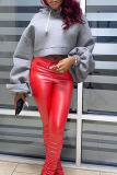 Grey Casual Solid Draw String Hooded Collar Tops