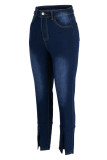 Medium Blue Casual Solid Patchwork Slit High Waist Denim Jeans
