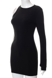 Black Sexy Solid Patchwork O Neck Pencil Skirt Dresses