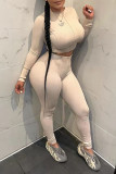 Apricot Sexy Solid Patchwork O Neck Long Sleeve Two Pieces