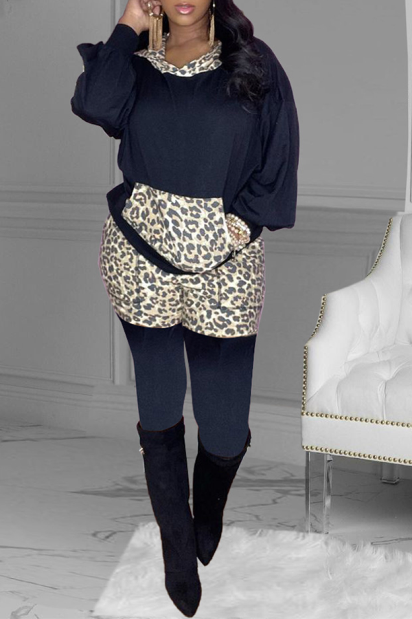 Black Casual Leopard Patchwork Hooded Collar Long Sleeve Two Pieces