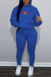 Blue Casual Print Patchwork Hooded Collar Long Sleeve Two Pieces