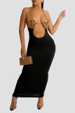 Gold Sexy Solid Sequins Patchwork Backless Halter Pencil Skirt Dresses
