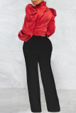 Red Casual Solid Patchwork Turtleneck Tops