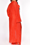 Red Casual Solid Patchwork V Neck Long Sleeve Two Pieces