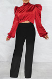 Red Casual Solid Patchwork Turtleneck Tops