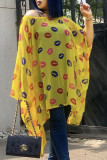 Yellow Casual Print Patchwork Asymmetrical O Neck T-Shirts