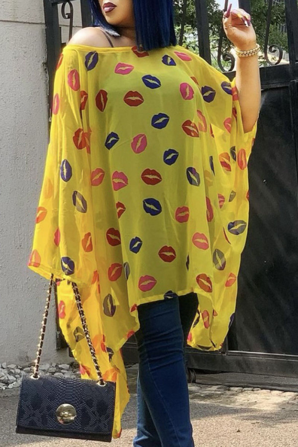 Yellow Casual Print Patchwork Asymmetrical O Neck T-Shirts