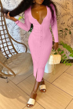 Pink Sexy Solid Buckle V Neck Pencil Skirt Dresses