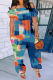 Blue Fashion Print Patchwork Off the Shoulder Harlan Jumpsuits