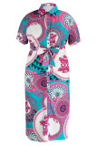 Rose Red Fashion Casual Print Patchwork Turndown Collar Shirt Dress