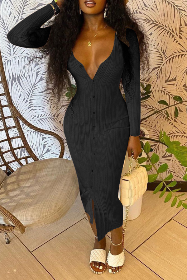 Black Sexy Solid Buckle V Neck Pencil Skirt Dresses