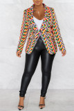 Blue Fashion Casual Print Patchwork Cardigan Turn-back Collar Outerwear