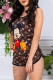 Coffee Sexy Character Print Letter U Neck Sleeveless Two Pieces