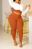 Orange Red Casual Solid Patchwork O Neck Long Sleeve Two Pieces
