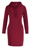 Red Fashion Casual Solid Patchwork Hooded Collar Long Sleeve Dresses