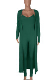 Green Casual Solid Patchwork Spaghetti Strap Long Sleeve Two Pieces