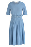 Tibetan Blue Casual Solid Patchwork Tear With Belt O Neck A Line Dresses