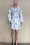 White Casual Print Patchwork Turndown Collar Shirt Dress Dresses