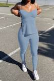 Blue Sexy Solid Patchwork Slit Spaghetti Strap Sleeveless Two Pieces