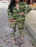 Grey Sexy Street Print Hollowed Out Turn-back Collar Two Pieces