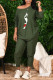 Army Green Casual Print Patchwork O Neck Long Sleeve Two Pieces