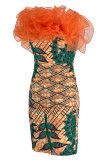 Orange Red Sexy Formal Print Patchwork Backless Strapless Sleeveless Dress Dresses