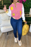 Pink Casual Print Buckle Mandarin Collar Outerwear