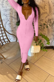 Pink Sexy Solid Buckle V Neck Pencil Skirt Dresses