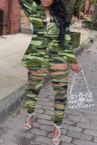 Grey Sexy Street Print Hollowed Out Turn-back Collar Two Pieces