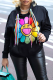 Black Street Print Patchwork Hooded Collar Tops