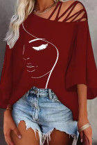 Burgundy Casual Print Hollowed Out Patchwork Oblique Collar T-Shirts