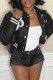 Black Casual Street Print Patchwork Buckle Turndown Collar Outerwear